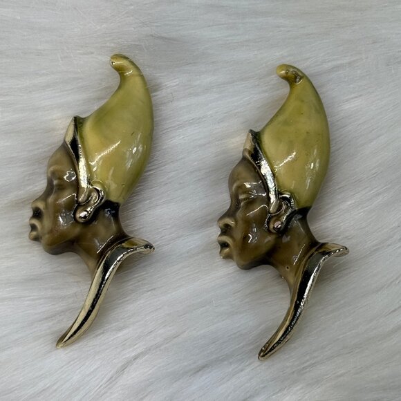 Vintage Pair Enamel & Gold Tone Side Profile African Bust Face Brooches 2" X 1" - Picture 1 of 7